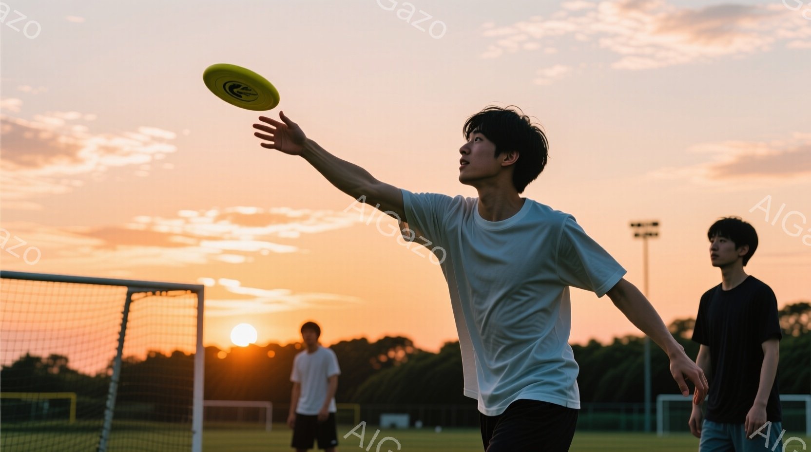 夕焼けを背景に、一人の若い男性がフリスビーを投げようとしている姿が写っている。白いTシャツと黒いショートパンツを着用し、黒髪を少し伸ばした彼は、腕を大きく振りかぶり、フリスビーに集中した表情をしている - AI生成フリー素材