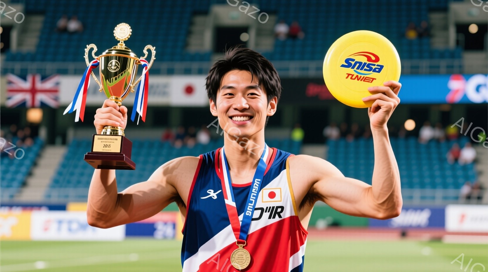 競技場で勝利を喜ぶ若い男性の姿を捉えています。彼は赤いタンクトップに青いストライプ、黒いショーツを着用し、首にはメダルをかけています。笑顔で片手にトロフィー、もう片手に黄色いボールを持ち、達成感と興奮 - AI生成フリー素材