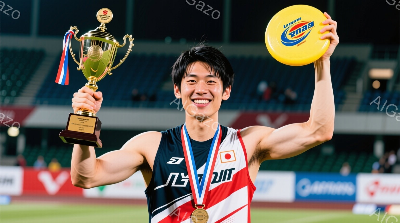 競技場で、日本の代表選手らしき男性が、片手にトロフィー、もう片手に黄色いフリスビーを持って満面の笑みを浮かべている。彼は赤いメッシュのスポーツウェアと首から下げたメダルを身につけ、短髪で活発な印象を与える。背景には観客席と企業ロゴがぼやけて写っており、勝利の喜びと高揚感に満ちた雰囲気が伝わってくる。