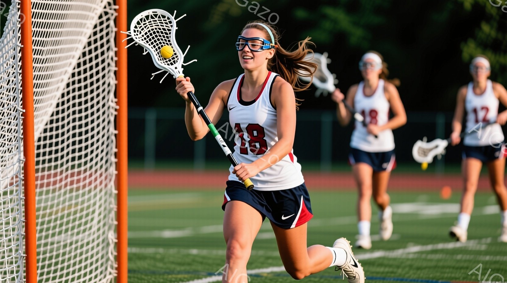 ラクロスをする若い女性たちが写っている。彼女たちは白いタンクトップと紺色のショートパンツを着ており、髪はポニーテールに結ばれている。背景は緑の芝生で、晴れた日の屋外での試合の様子が伺え、活気のある雰囲 - AI生成フリー素材