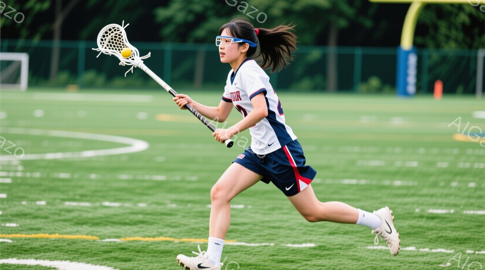 ラクロスをしている若い女性が写っています。彼女は白い半袖シャツと紺色のショートパンツ、白い靴下とスニーカーを着用し、髪をポニーテールにしています。人工芝のフィールドを走り、ラクロスのスティックを構え、集中した表情でプレーしています。