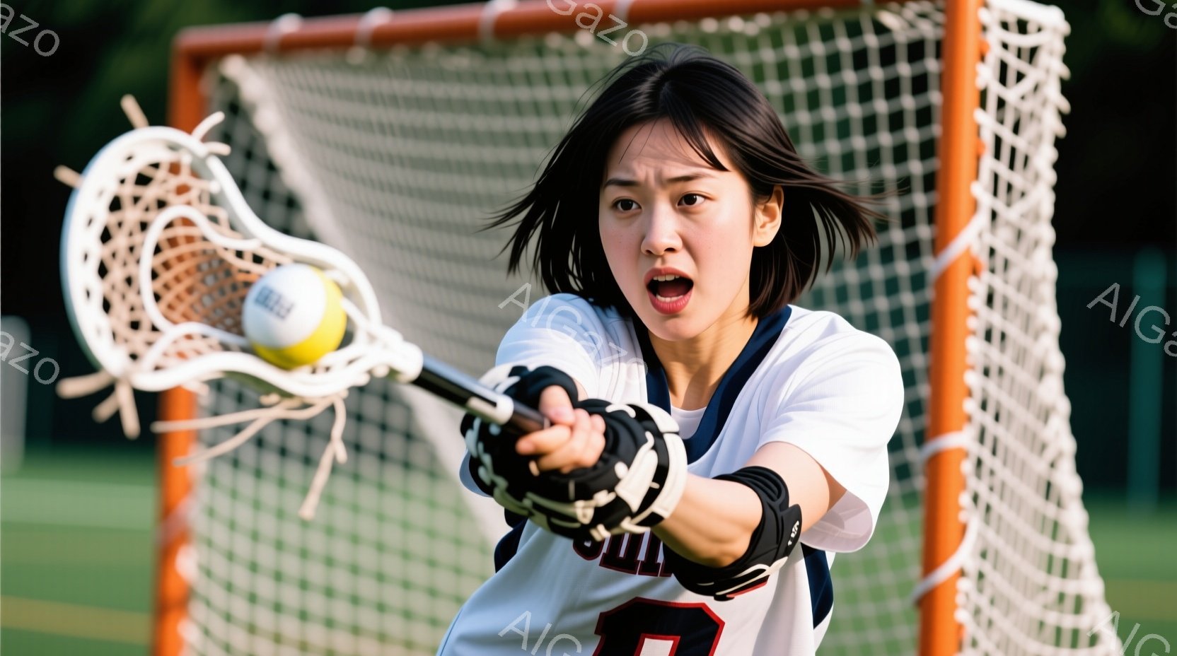 ラクロスをする若い女性選手を捉えています。彼女は白いシャツと濃い青色の袖、そして数字「8」が書かれたユニフォームを着用し、黒い手袋をはめています。彼女はラクロススティックでボールを力強く打ち出す姿勢で、顔は集中と緊張で歪み、競技への情熱が伝わってきます。