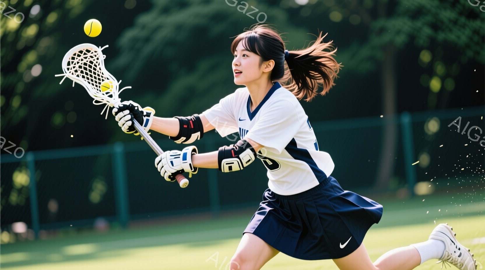 ラクロスをする若い女性が写っている。白と紺色のユニフォーム姿で、ポニーテールにし、集中した表情でボールをキャッチしようとしている。背景は緑豊かな芝生と木々で、晴天の下、活気あるスポーツシーンが表現されている。