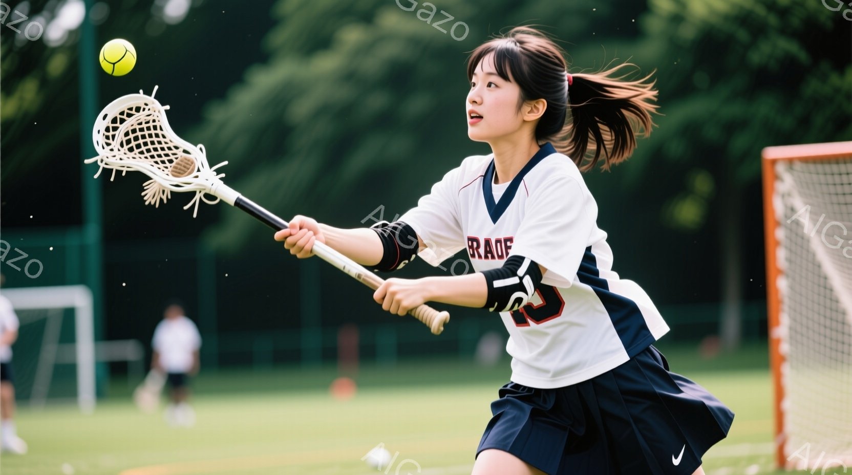 ラクロスをしている女性アスリートが写っている。白いシャツに紺色のスカート、髪はポニーテールに結ばれ、集中した表情でラクロススティックを振りかぶっている。背景には緑の芝生とネット、そして他のプレーヤーが見え、晴天の下での活気ある競技の様子が伝わってくる。