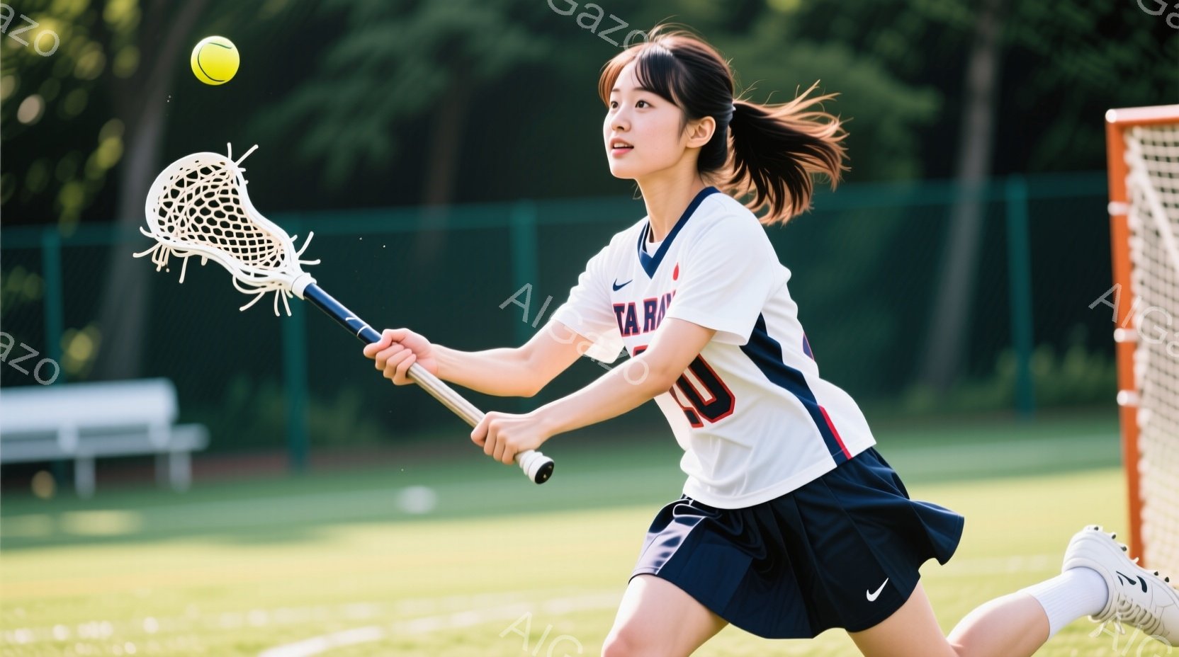 ラクロスをする若い女性が写っている。白とネイビーのストライプのユニフォームに、紺色のスカート、白いソックス、スニーカーを履き、髪はポニーテールにしている。彼女はラクロススティックを振りかぶり、ボールを - AI生成フリー素材