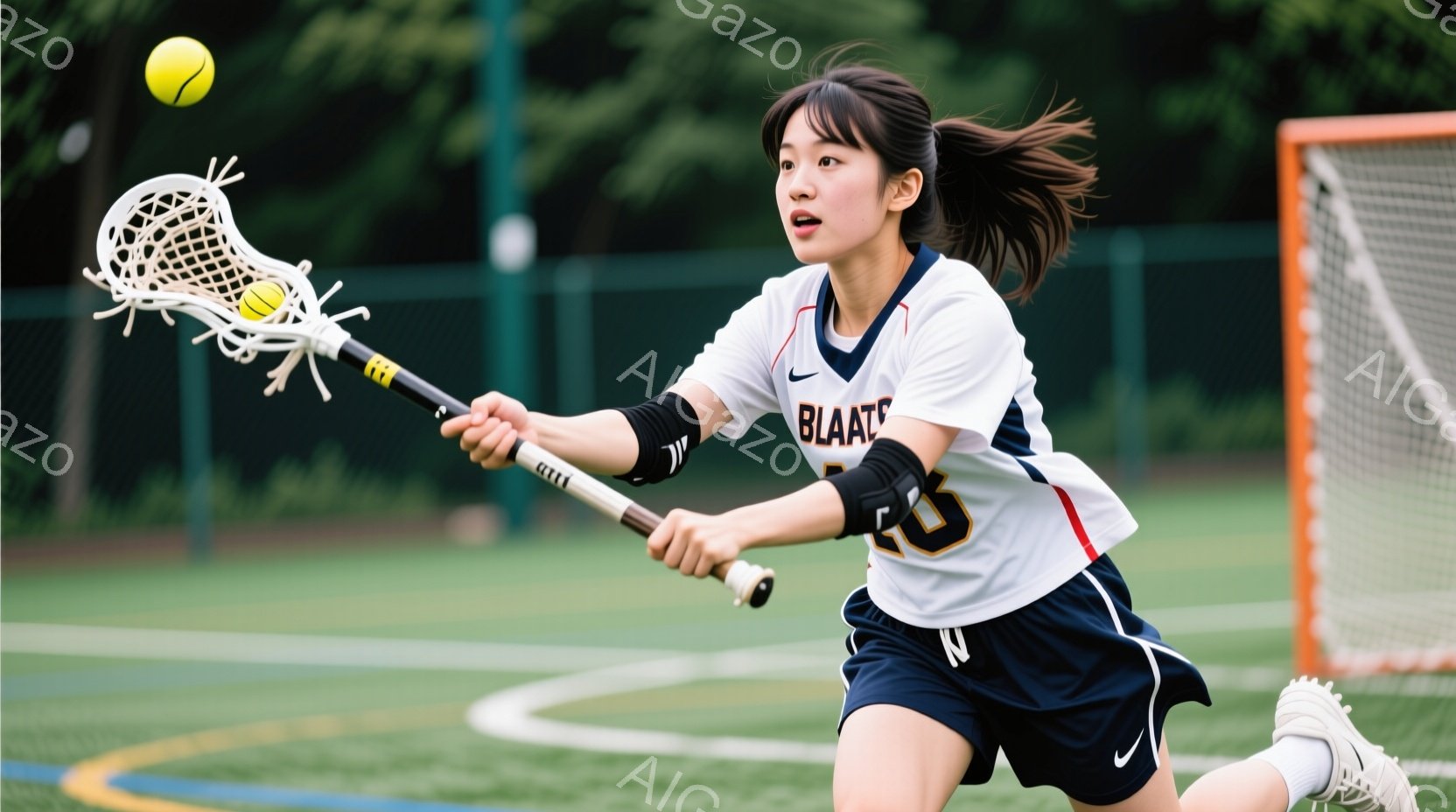 ラクロスをする若い女性が写っている。彼女は白いラクロスシャツと紺色のショートパンツを着ており、髪はポニーテールに結んでいる。彼女はラクロススティックを高く振りかぶり、ボールを狙っている様子で、表情は真剣で集中している。