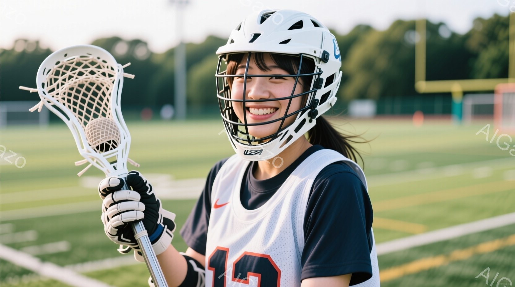 ラクロスをする若い女性が写っている。彼女は黒いヘルメットと黒いジャージを着ており、背中には「15」の数字が大きく書かれている。彼女はラクロスのスティックを持って微笑んでおり、背景には緑のフィールドとぼやけた建物が見える、明るい晴天の日で、活気に満ちた雰囲気である。