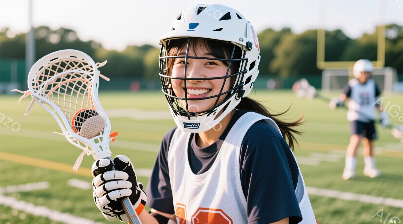 ラクロスをする若い女性が写っています。彼女は濃い青色のビブスとヘルメットを着用し、黒いヘアバンドで髪を結んでいます。明るい笑顔でカメラを見つめ、ラクロスのスティックを構え、活気に満ちた雰囲気を醸し出し - AI生成フリー素材