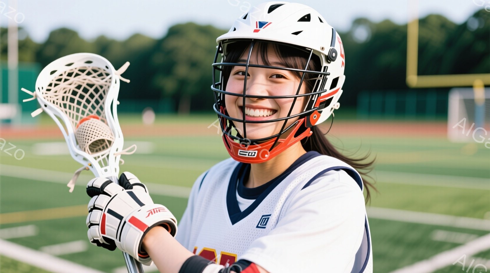 若い女性がラクロススティックを持って笑顔で立っています。彼女は紺と白のVネックのラクロスユニフォーム、ヘルメット、グローブを身につけており、明るい表情でカメラを見つめています。背景には緑の芝生とぼやけ - AI生成フリー素材