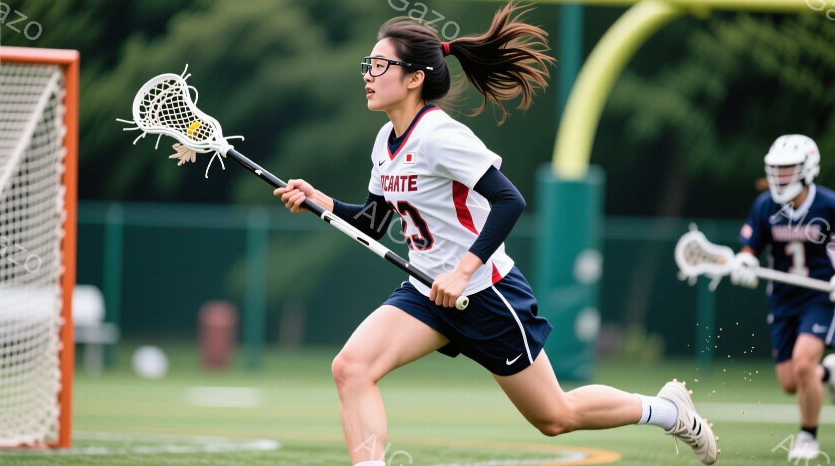 ラクロスをしている女性が写っている。彼女は白い上着と紺色のスカート、スニーカーを着用し、髪を高くポニーテールにしている。背景には緑の芝生とネット、そして他の選手がぼやけて写っており、競技中の活気ある雰 - AI生成フリー素材