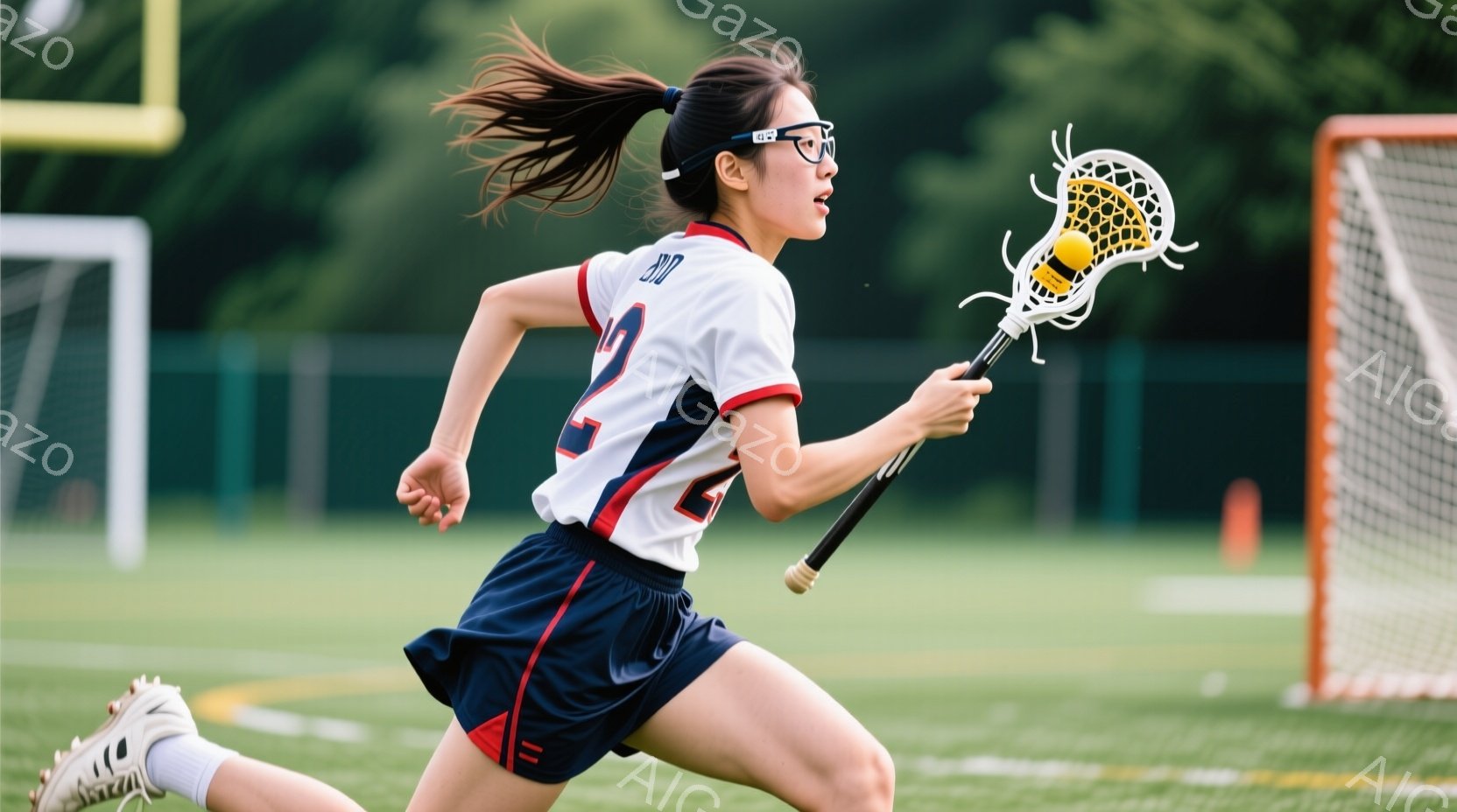 ラクロスをする若い女性が写っています。彼女は白と赤のストライプのシャツと紺色のスカートを着用し、髪はポニーテールに結ばれています。緑の芝生の上を走り、ラクロスのスティックを構え、集中した表情でゴールを目指している様子が伺えます。