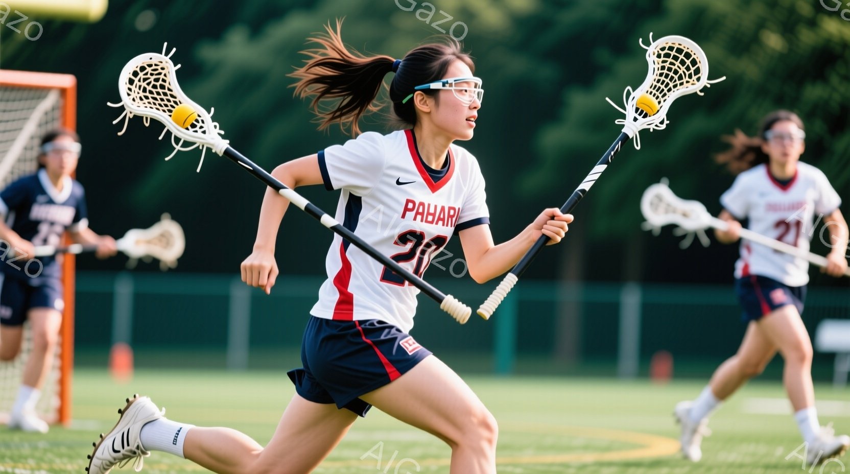 ラクロスをする女性選手が写っている。彼女は白と赤のストライプのシャツ、黒のショートパンツ、白のソックスを着用し、髪はポニーテールに結んでいる。背景には他の選手や緑豊かな芝生、そしてぼやけた木々が見え、 - AI生成フリー素材
