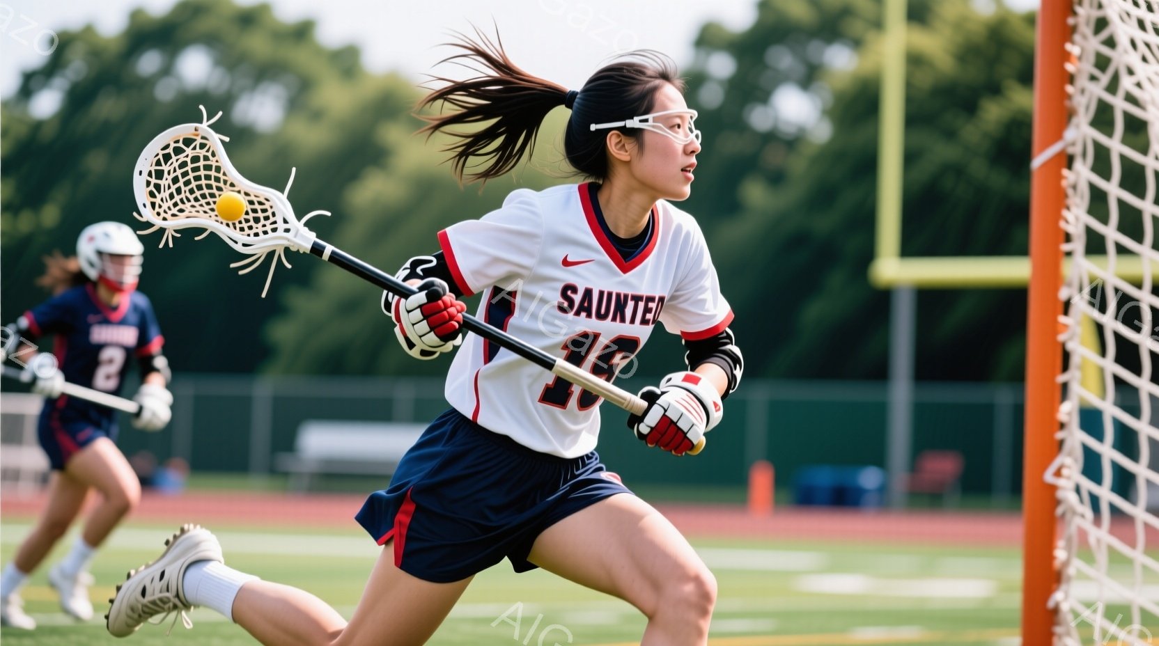 ラクロスをする女性アスリートが写っている。彼女は紺色の縁取りのある白いジャージと紺色のショートパンツを着用し、ポニーテールにしている。背景には緑豊かな木々と建物が見え、晴れた日の屋外での競技風景が伝わる。