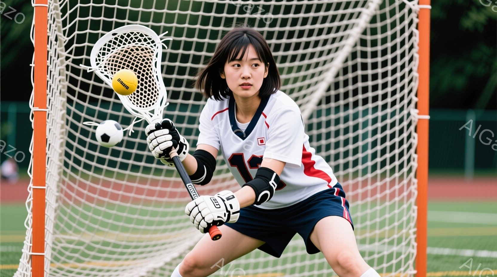 ラクロスをしている若い女性が写っています。彼女は白いシャツに赤いトリム、紺色のショートパンツ、そしてグローブを着用し、ラクロスのスティックでボールをキャッチしようとしています。背景には緑の芝生とネットがあり、晴れた日の屋外で練習している様子が伺えます。