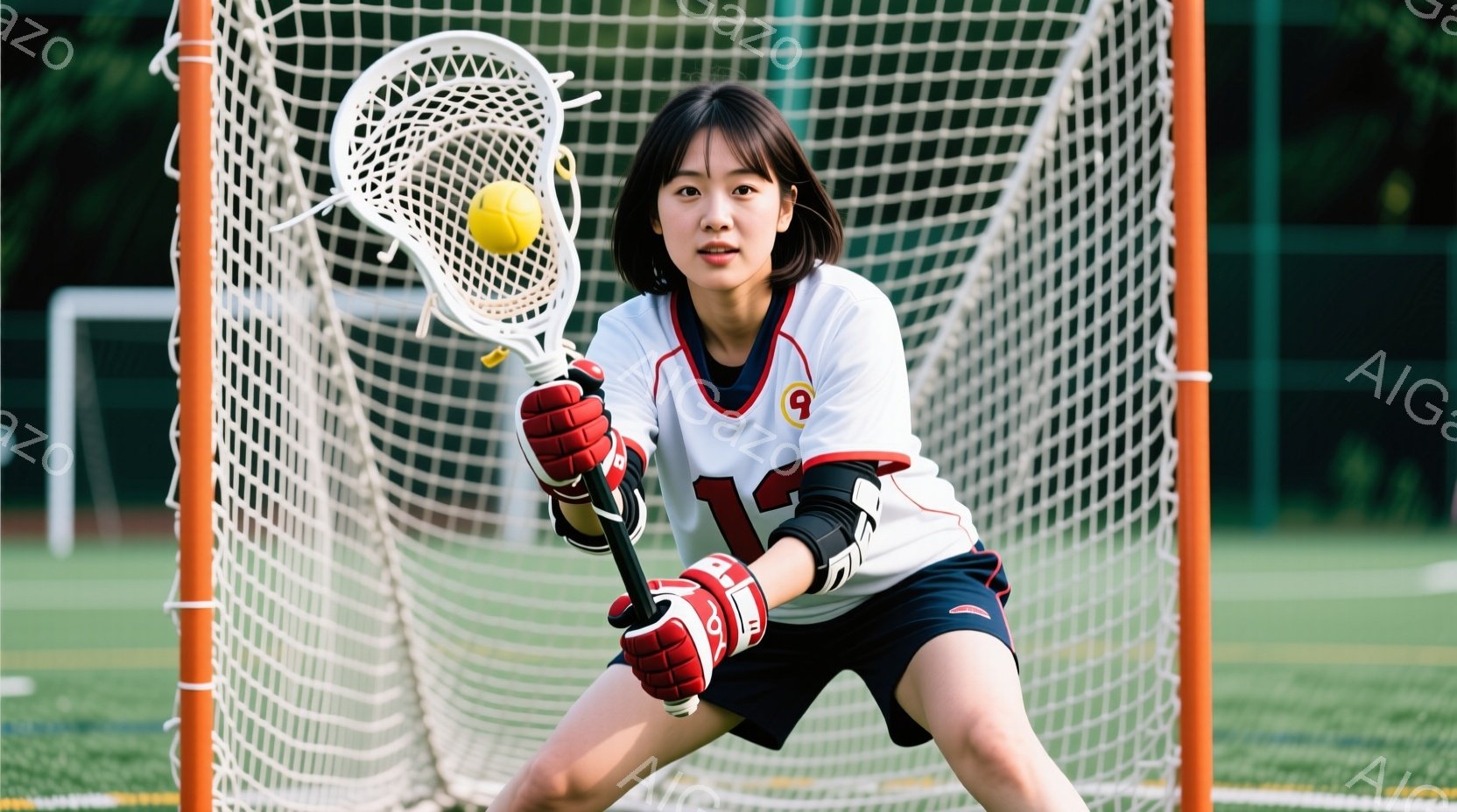 ラクロスをしている若い女性が写っています。彼女は紺色のショートパンツと、赤と白のストライプの入ったラクロスのユニフォームを着ており、赤い手袋を着用しています。彼女はラクロススティックを構え、ゴールネットの前で膝をつき、集中した表情でゲームに取り組んでいる様子が伺えます。
