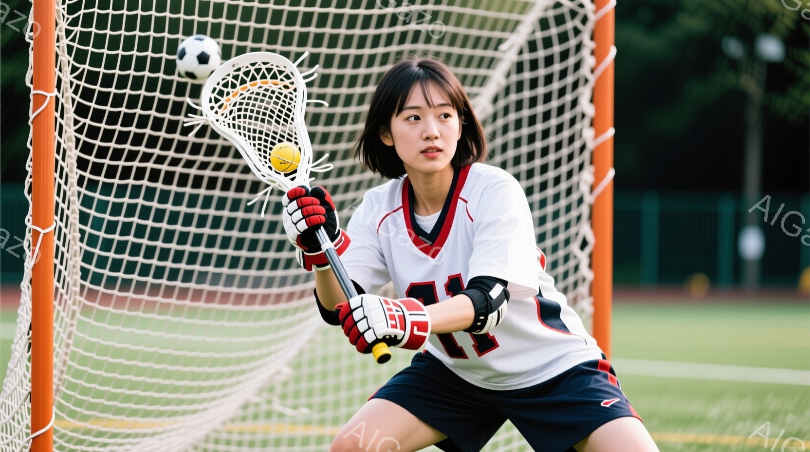 紺色のショートパンツと白と赤のストライプが入ったラクロスウェアを着た若い女性が写っています。彼女はラクロススティックを握り、ボールをキャッチしようと集中した表情をしています。背景には緑の芝生とラクロスゴール、そしてぼやけた建物が見え、晴れた日の屋外でのスポーツ活動を捉えています。