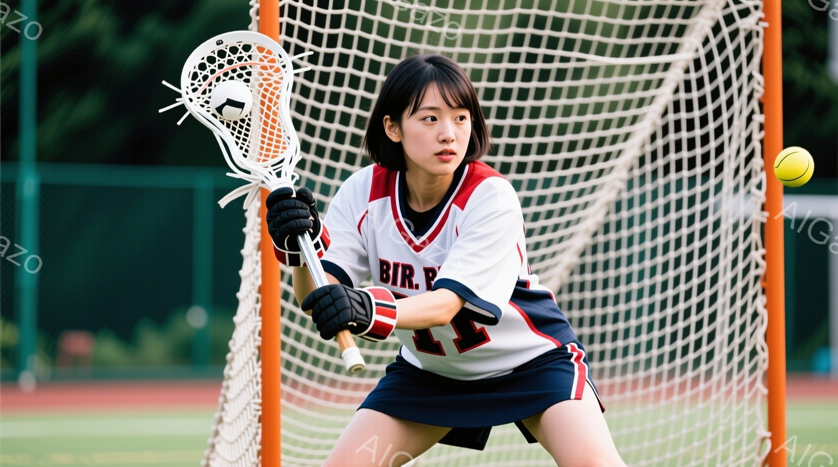 ラクロスをしている若い女性が写っています。彼女は白いセーターと紺色のスカート、黒い手袋を着用しており、茶色の髪を肩まで伸ばしています。彼女はラクロススティックを持っており、ネットの前に身を乗り出し、ボールを見つめています。