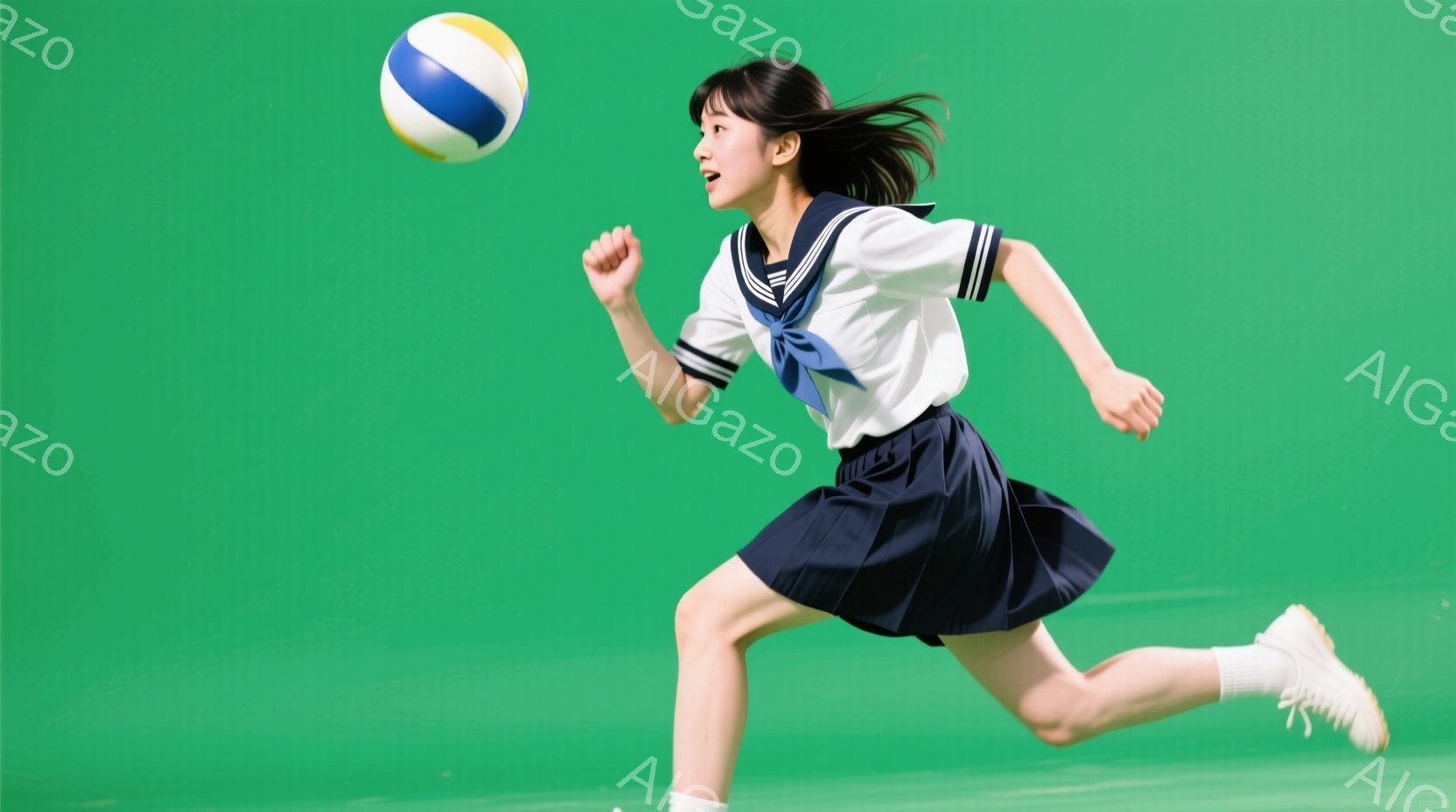 紺色のプリーツスカートと白いブラウスの制服を着た若い女性が、緑色の背景を疾走している様子を捉えています。彼女は髪を後ろで束ねており、表情は真剣で、何かを追いかけるか、避けるかのようです。制服に合う白い靴下とスニーカーを履き、スポーツ的な動きをしています。