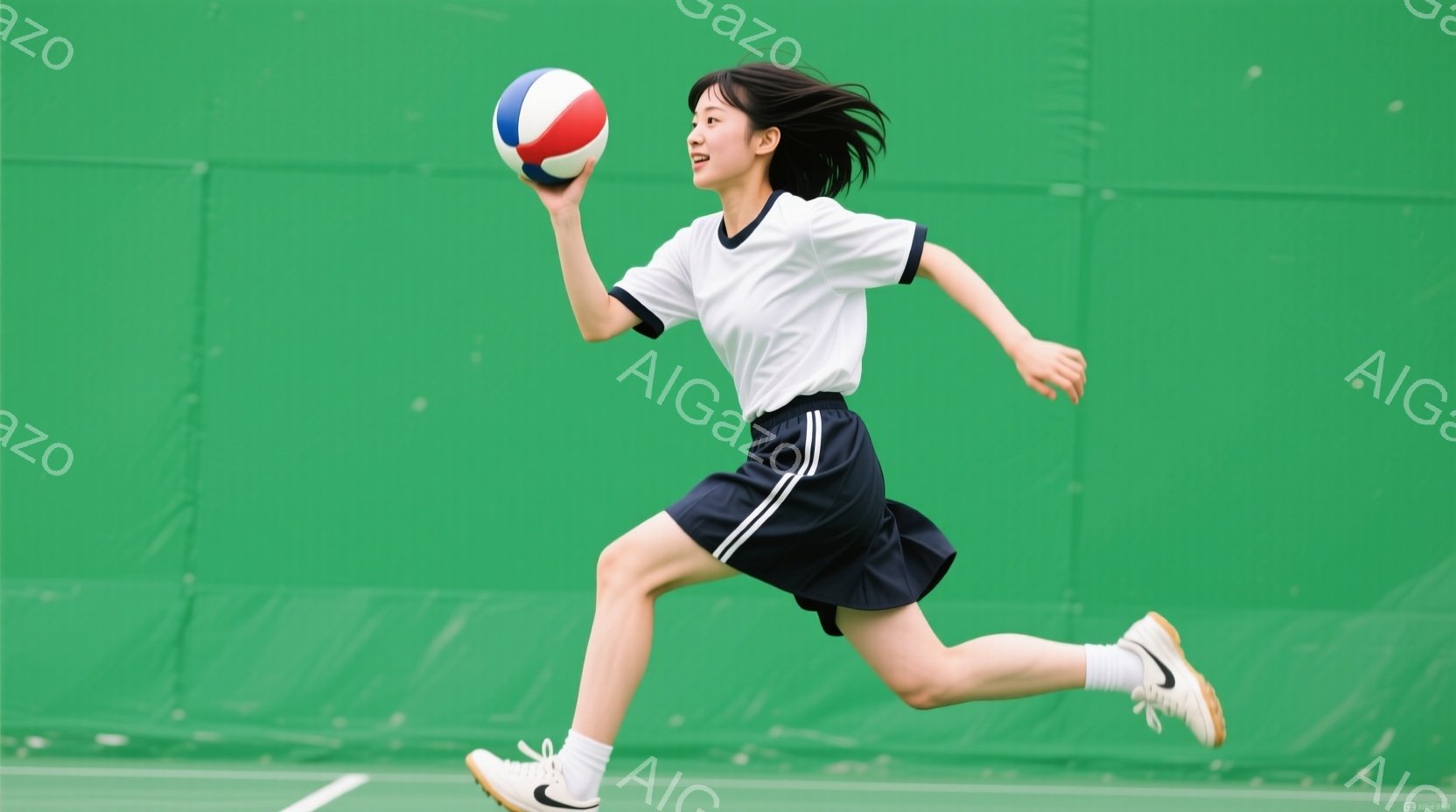 制服姿の若い女性が、緑色の背景の前で走りながらボールを投げている様子が写っている。彼女は白いシャツに濃い青色のスカート、白いスニーカーを履いており、長い髪を後ろで結んでいる。表情は明るく、活発な印象を与える。