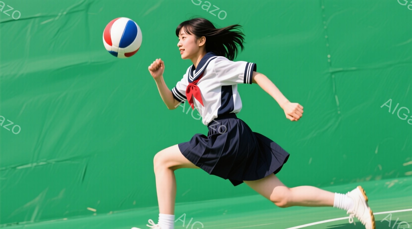 制服を着た女子高生が、緑色の背景の前で走り出している様子が写っている。彼女は紺色のスカートと白のブラウス、赤いリボンをつけ、運動靴を履いている。髪は長く、ポニーテールにまとめられており、表情ははっきり - AI生成フリー素材