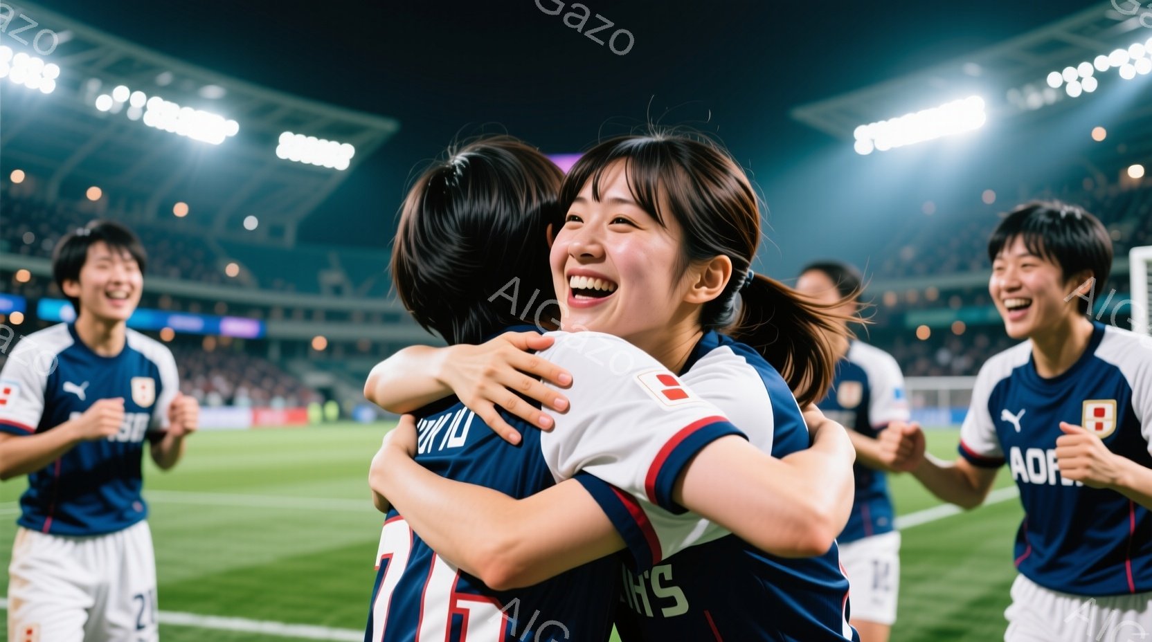 画像はサッカーの試合後、日本の女子選手たちが喜びを分かち合っている様子を捉えている。紺色と赤のストライプのユニフォームを着用し、笑顔で抱き合っている選手は、興奮と達成感に満ちている。背景には観客席が広がり、夜間のスタジアムの照明が輝き、勝利の瞬間を盛り上げている。