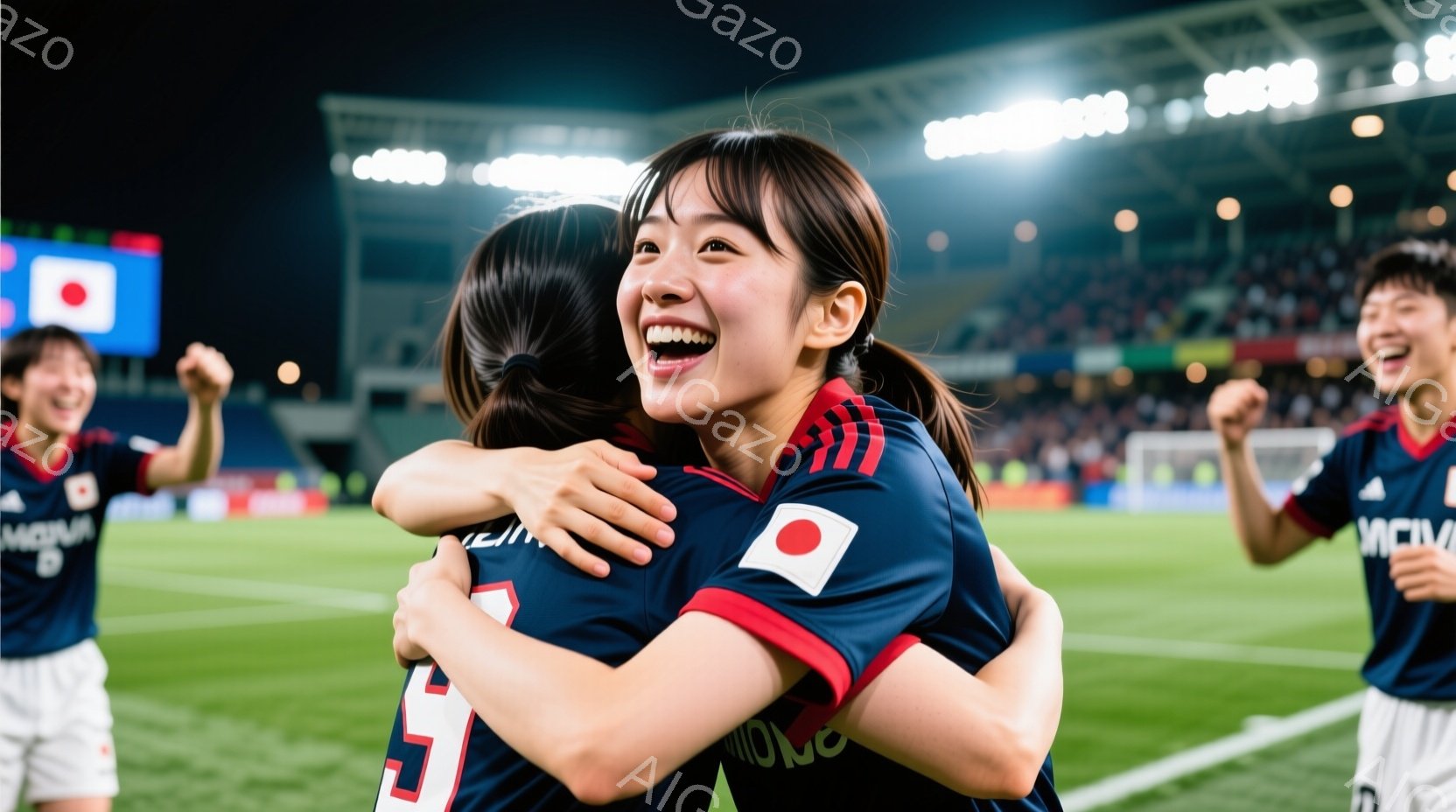 紺色のサッカーユニフォームを着た女性たちが抱き合って喜んでいます。彼女たちはショートヘアで、満面の笑みを浮かべ、勝利の喜びを分かち合っている様子が伺えます。背景には、観客席やサッカーゴールが見え、夜間 - AI生成フリー素材