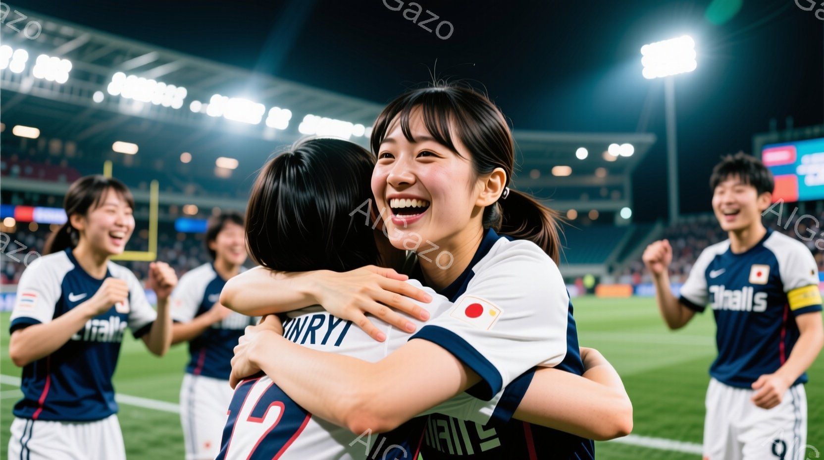 複数の女性サッカー選手が抱き合って喜びを分かち合っている様子が写っている。彼女たちは白いユニフォームに赤いショートパンツを着用し、髪はポニーテールに結んでいる。背景には観客席とスタジアムのライトが見え、勝利の興奮とチームの結束が感じられる。