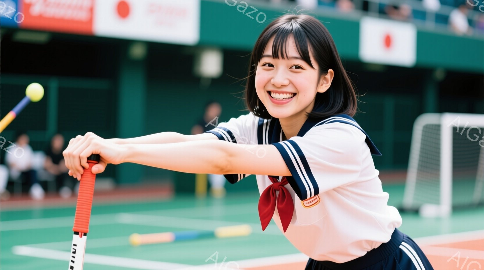 制服姿の若い女性が、体育館のような場所でホッケーのスティックを構え、笑顔を見せています。彼女は明るい茶色の髪を肩まで伸ばし、赤いネクタイを締めています。背景には、他の人々やホッケーの道具が見え、活気のあるスポーツの雰囲気が伝わってきます。