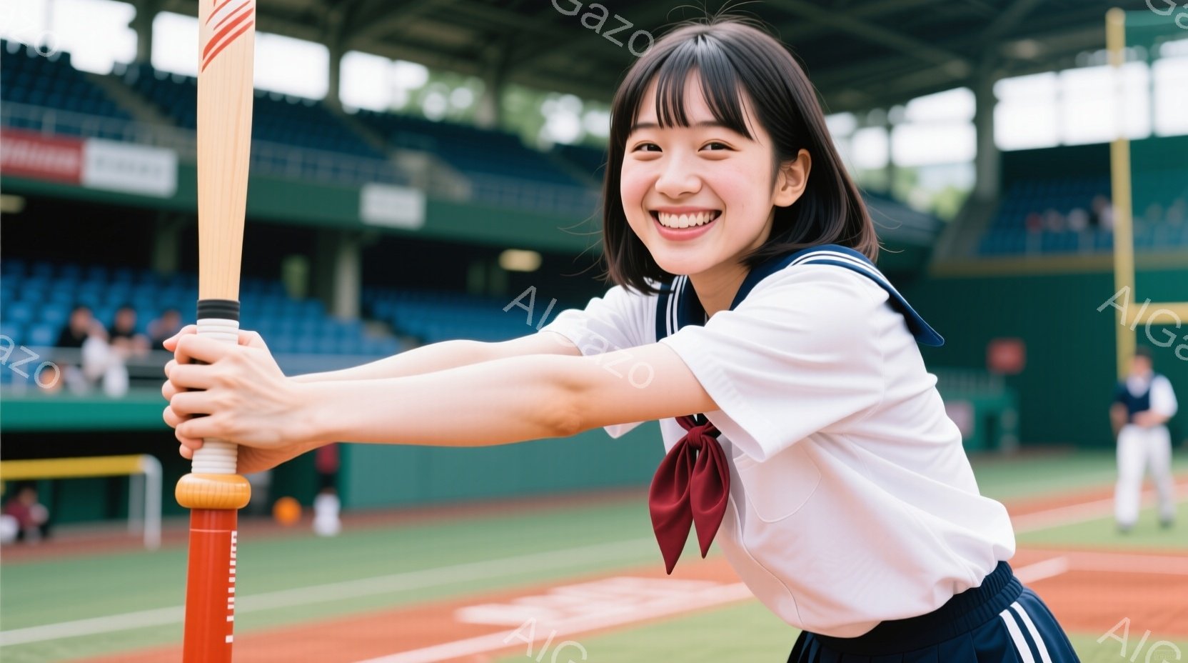 笑顔の少女が野球のバットを両手で構え、野球場に立っている。彼女はセーラー服を着ており、茶色のリボンが結ばれている。背景には観客席が見え、晴天の下、活気のある雰囲気が漂っている。 - AI生成フリー素材