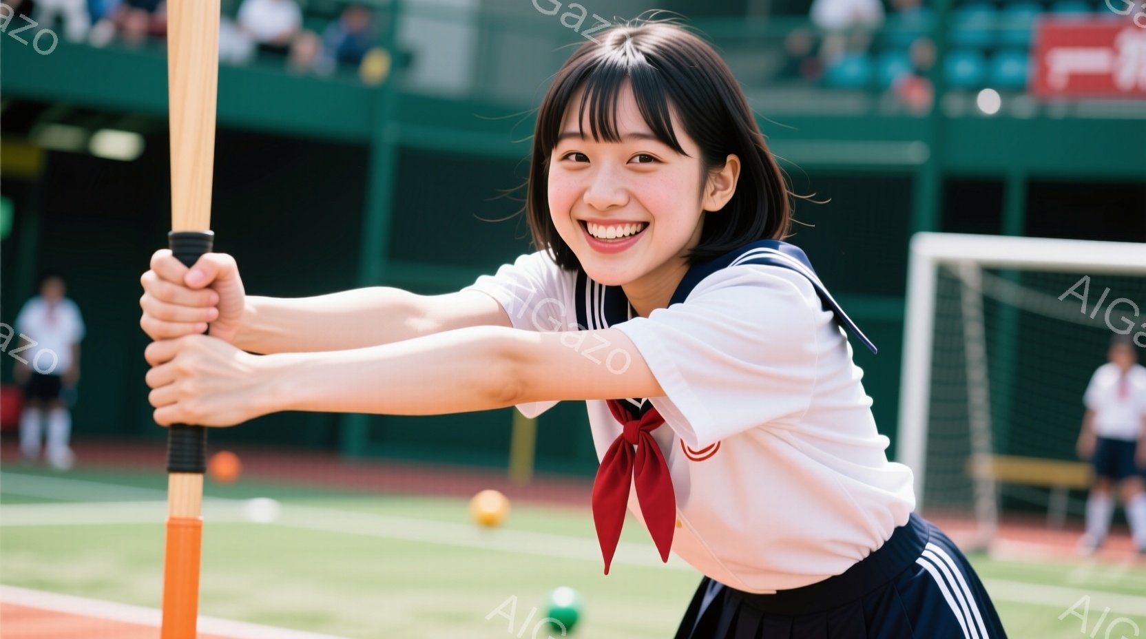 茶髪のボブヘアに制服を着た女子高生が、ホッケーのスティックを持って前に突き出しています。彼女は満面の笑みを浮かべ、活気に満ちた表情をしています。背景には緑の芝生、ホッケーのゴール、そしてぼんやりとした観客席が見え、晴れた日の屋外での活発な活動を暗示しています。