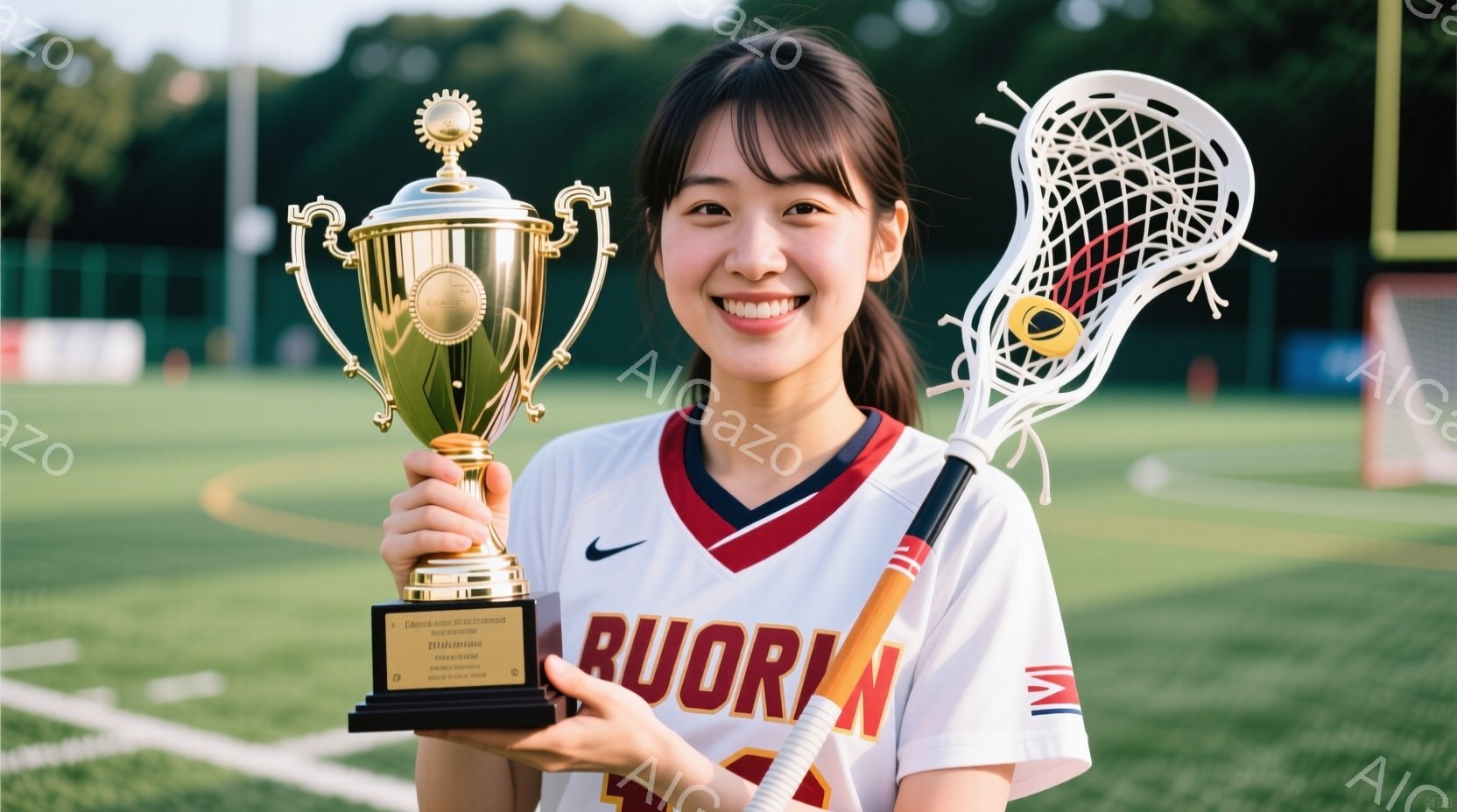 若い女性がトロフィーを抱え、満面の笑みを浮かべている。彼女は白を基調とした赤いライン入りのラクロスユニフォームを着ており、髪は肩までの長さでストレートに下ろされている。背景には緑の芝生と木々が見え、晴 - AI生成フリー素材