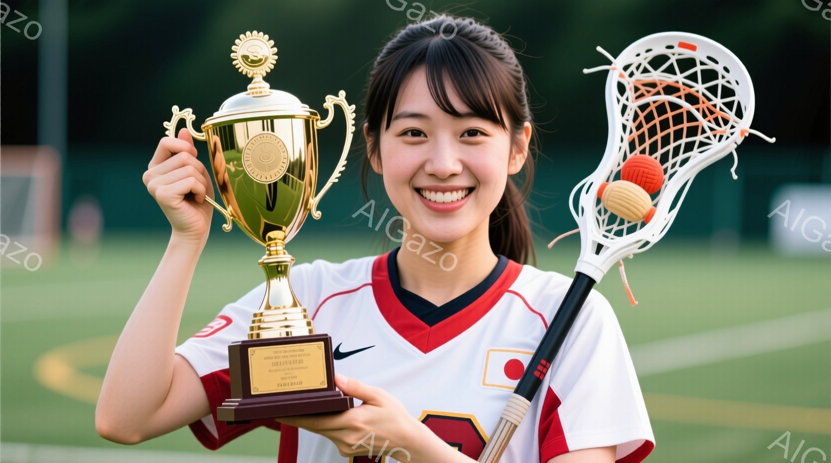 若い女性が、大きな金色のトロフィーを抱え、満面の笑みを浮かべている。彼女は白いポロシャツに赤い縁取りがあり、黒いヘアバンドをつけて三つ編みヘアスタイルにしている。背景には緑の芝生と木々が見え、晴天の下でスポーツイベントの勝利を祝っている様子がうかがえる。
