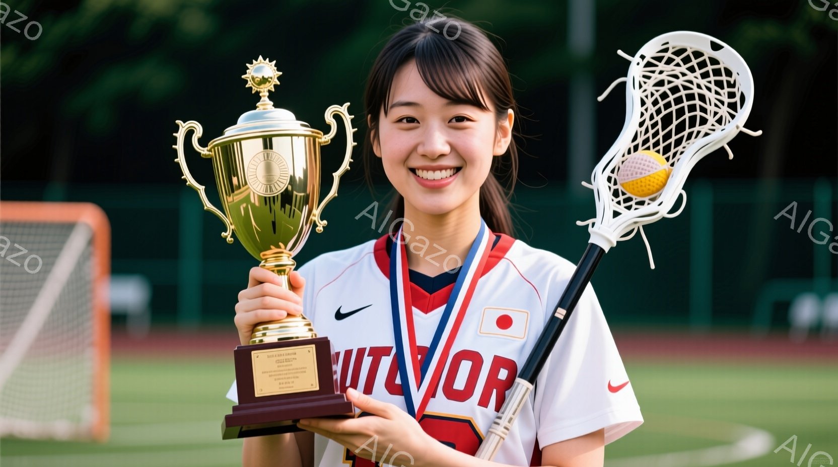 ラクロスウェアを着用した若い女性が、勝利のトロフィーを誇らしげに抱えています。彼女は笑顔で、髪は後ろでまとめており、首にはメダルがかけられています。背景には緑豊かな木々とラクロスのゴールが見え、晴天の - AI生成フリー素材