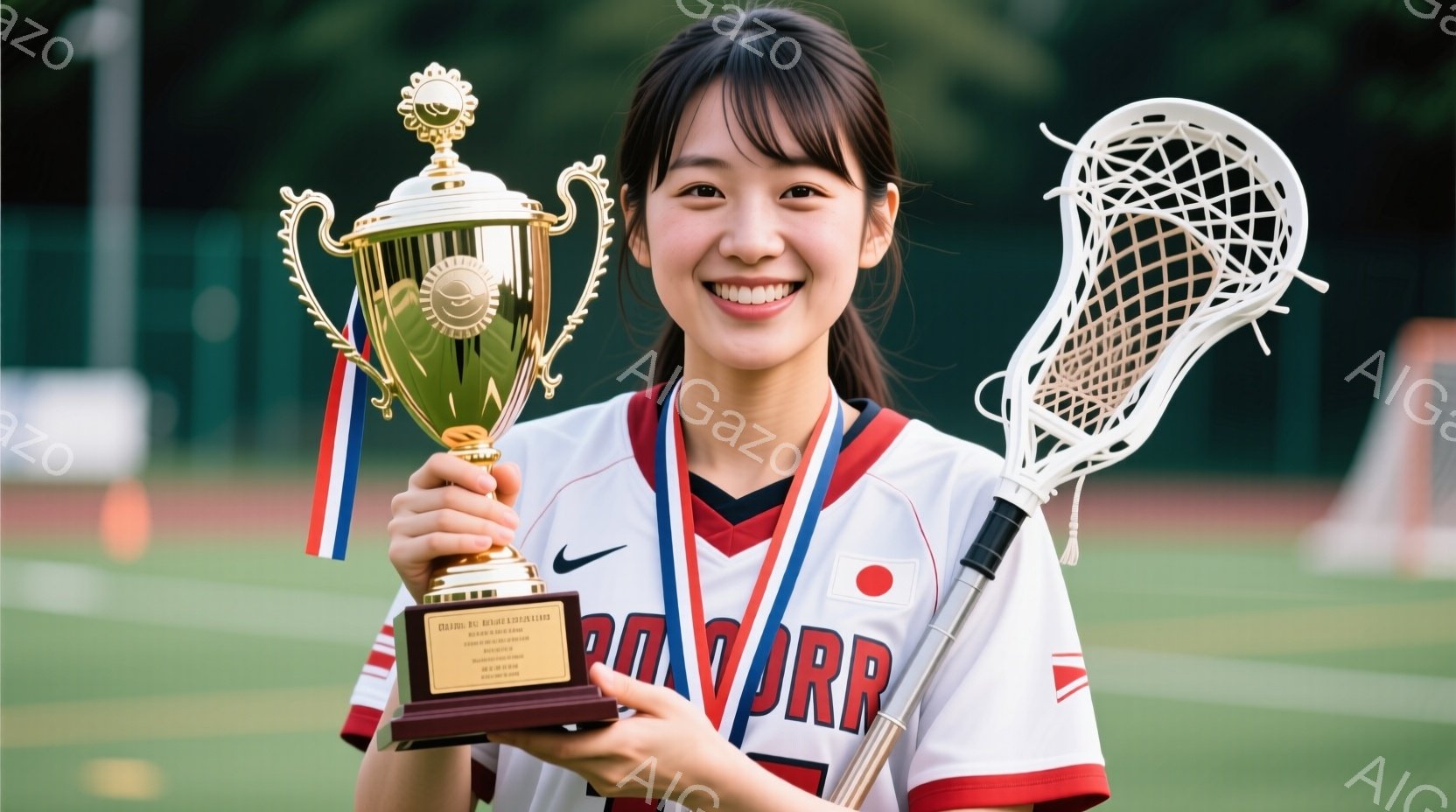 ラクロス選手と思われる若い女性が、金色のトロフィーを抱えて笑顔で立っています。赤い縁取りのある白いラクロスユニフォームにメダルをかけ、髪は前髪を出し、後ろでポニーテールにしています。背景には緑豊かな植 - AI生成フリー素材