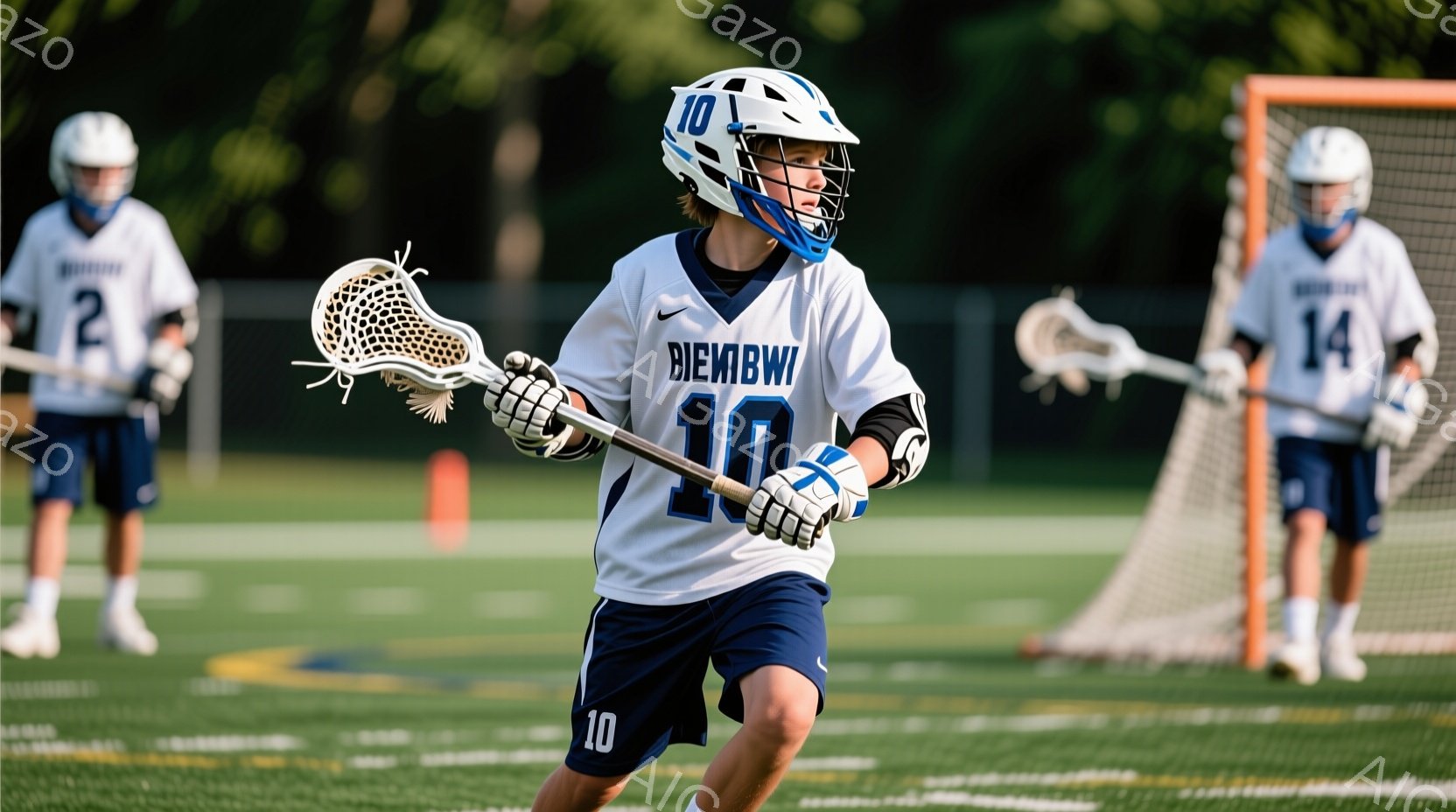 ラクロス選手が競技場で走っている様子が写っている。白地にネイビーブルーの数字「10」が入ったユニフォームとヘルメットを着用し、集中した表情でラクロススティックを構えている。背景には他の選手とネットが見 - AI生成フリー素材