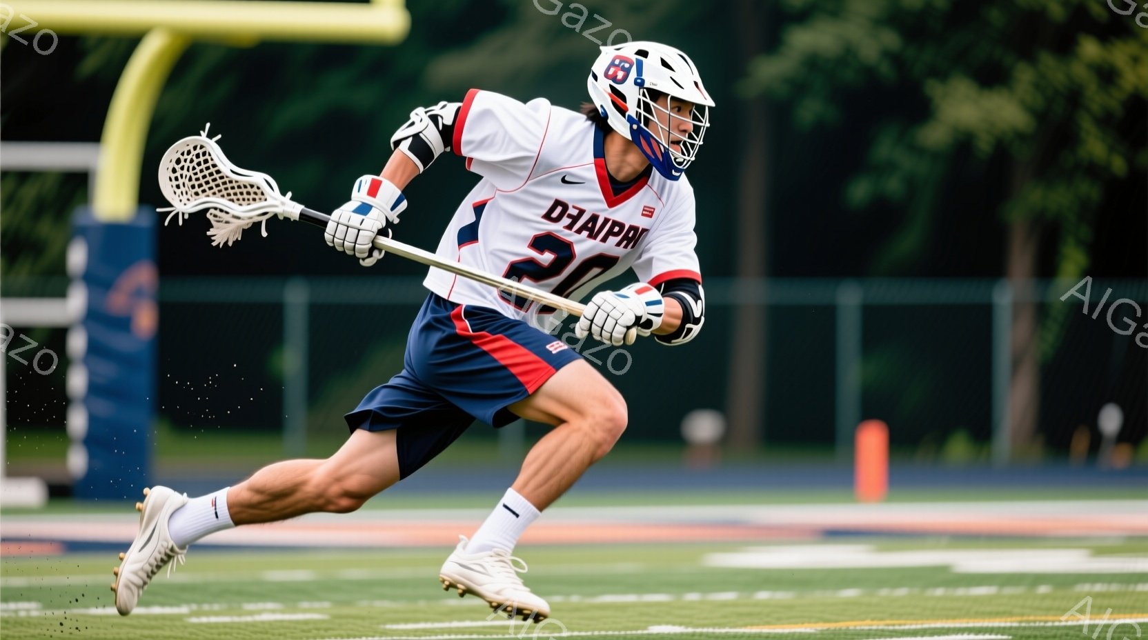ラクロスをする男性選手が写っている。彼は白を基調としたユニフォームに、赤と紺のラインが入っており、背中には大きな数字の「20」が書かれている。選手はフィールドを疾走しており、ラクロススティックを前に突き出して、集中した表情でプレーに臨んでいる。