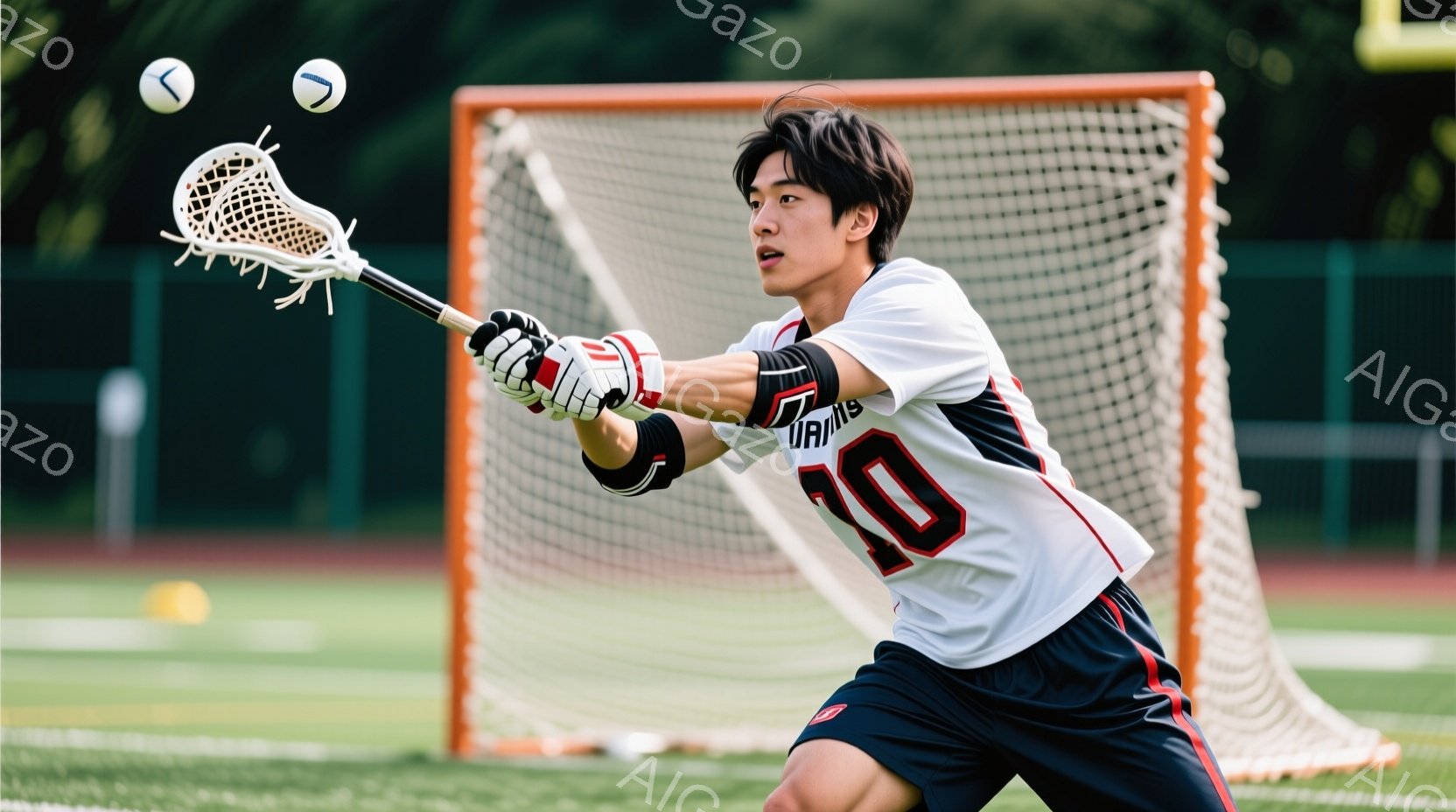 ラクロスをしている若い男性が写っている。彼は白と赤のユニフォームを着ており、背番号の「10」が大きく描かれている。男性はラクロススティックを振りかぶり、ボールを打とうとする躍動感のある姿勢で、集中した表情をしている。