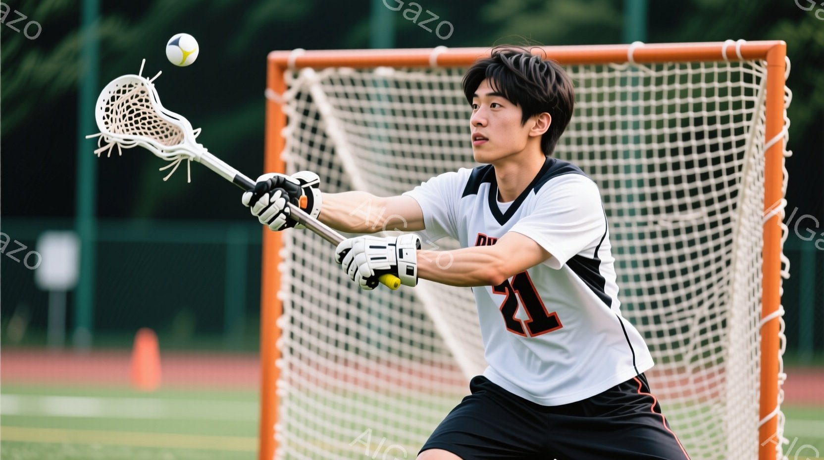 ラクロス選手がゴールキーパーとして、ボールをキャッチしようと棒を高く伸ばしている姿が写っている。白と黒のストライプのユニフォームに「21」の番号が書かれ、黒髪を短く切っている。背景には緑の芝生とネットのゴール、そして遠くに見える木々があり、晴れた日の屋外での試合の様子が伺える。