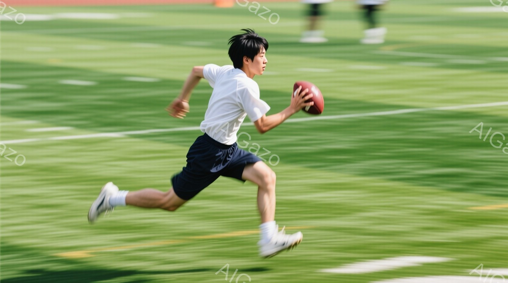 若い男性が芝生のフィールドをボールを持って走り、その動きは速く、躍動感に満ちている。彼は白いTシャツと黒いショーツ、白いスニーカーを身につけており、短髪で活発な印象を与える。背景にはぼやけた緑色のフィ - AI生成フリー素材