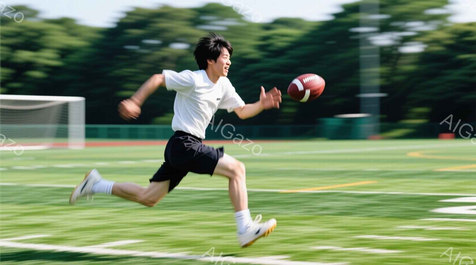 少年は緑の芝生の上を走り、片手にアメリカンフットボールを持っている。彼は白いTシャツと黒いショーツ、そして白い靴下とスニーカーを着用しており、髪は短く、表情は真剣で集中している。背景には緑豊かな木々が - AI生成フリー素材