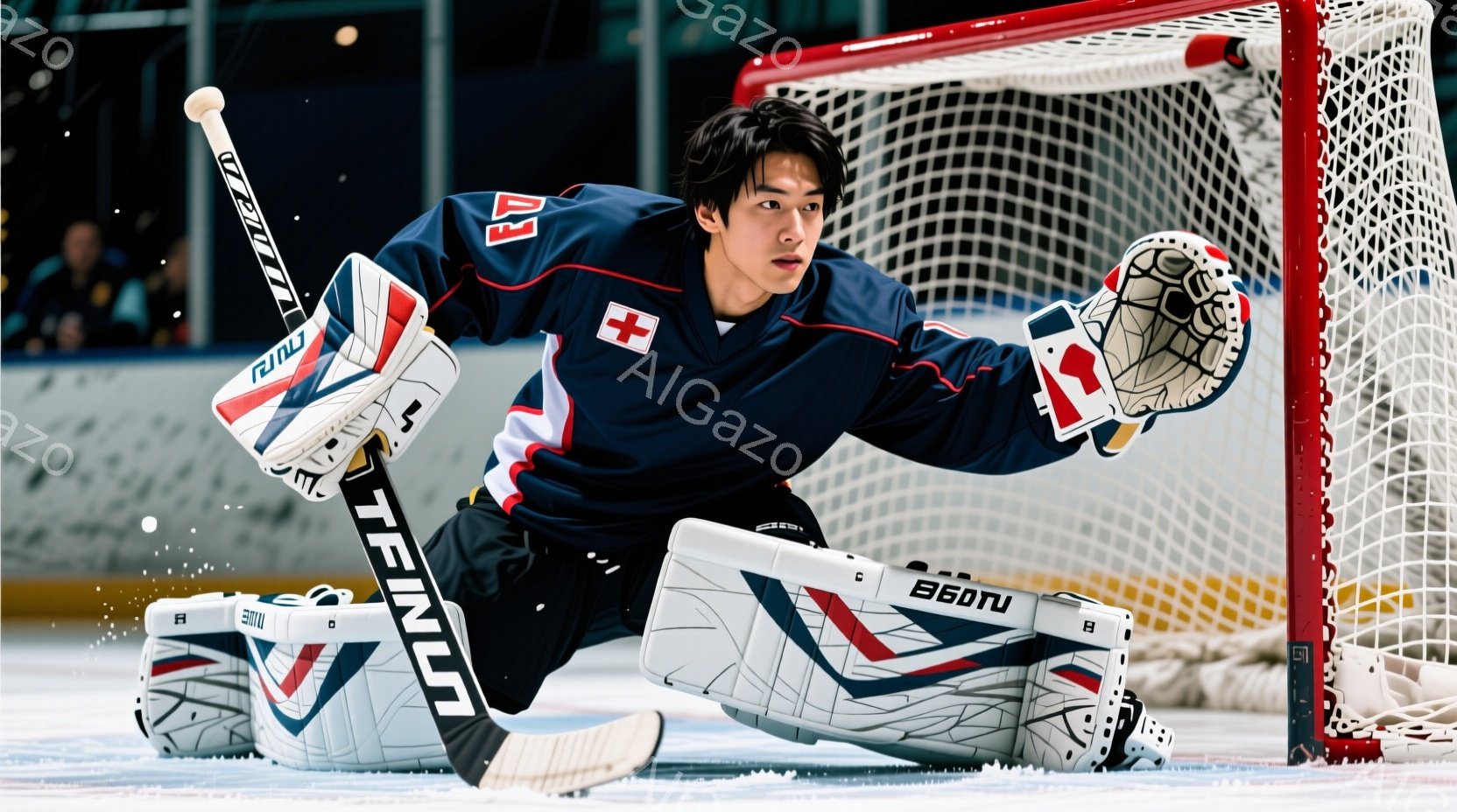アイスホッケーのゴールキーパーが試合中の様子を捉えています。彼は濃い青色のユニフォームと白いプロテクターを身につけ、集中した表情で両手を前に伸ばし、守備の構えをとっています。背景には観客席が見え、アイスホッケーリンクの白い氷が広がり、緊張感のある競技の雰囲気が伝わってきます。