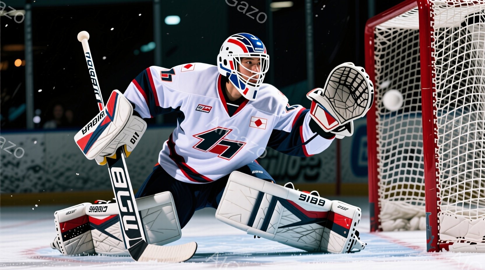 アイスホッケーのゴールキーパーが、膝をつき、集中した表情でパックを待ち構えています。赤い、白い、青いストライプの入ったユニフォームとヘルメットを着用し、両手には厚手のグローブをはめています。背景には、 - AI生成フリー素材