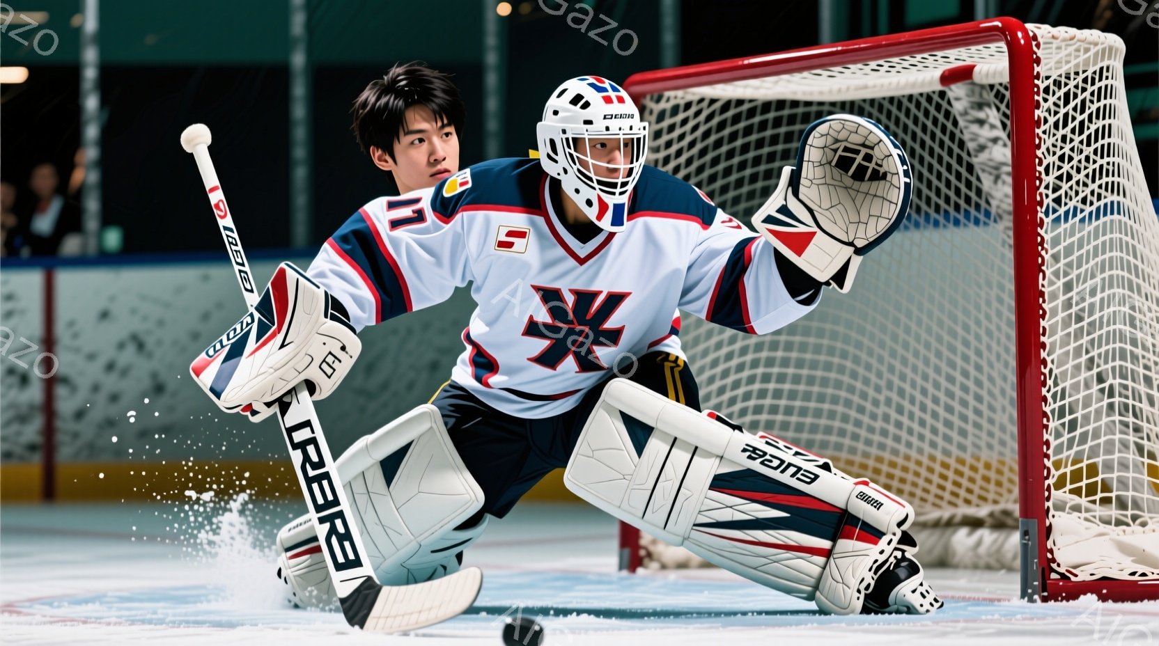 アイスホッケーのゴールキーパーが、激しいプレーの瞬間に捉えられています。彼は、青、赤、白のストライプが入ったユニフォームとヘルメットを着用し、集中した表情で身構えています。背景には、ホッケーリンクのネットとぼんやりとした観客席が見え、活気ある試合の雰囲気が伝わってきます。