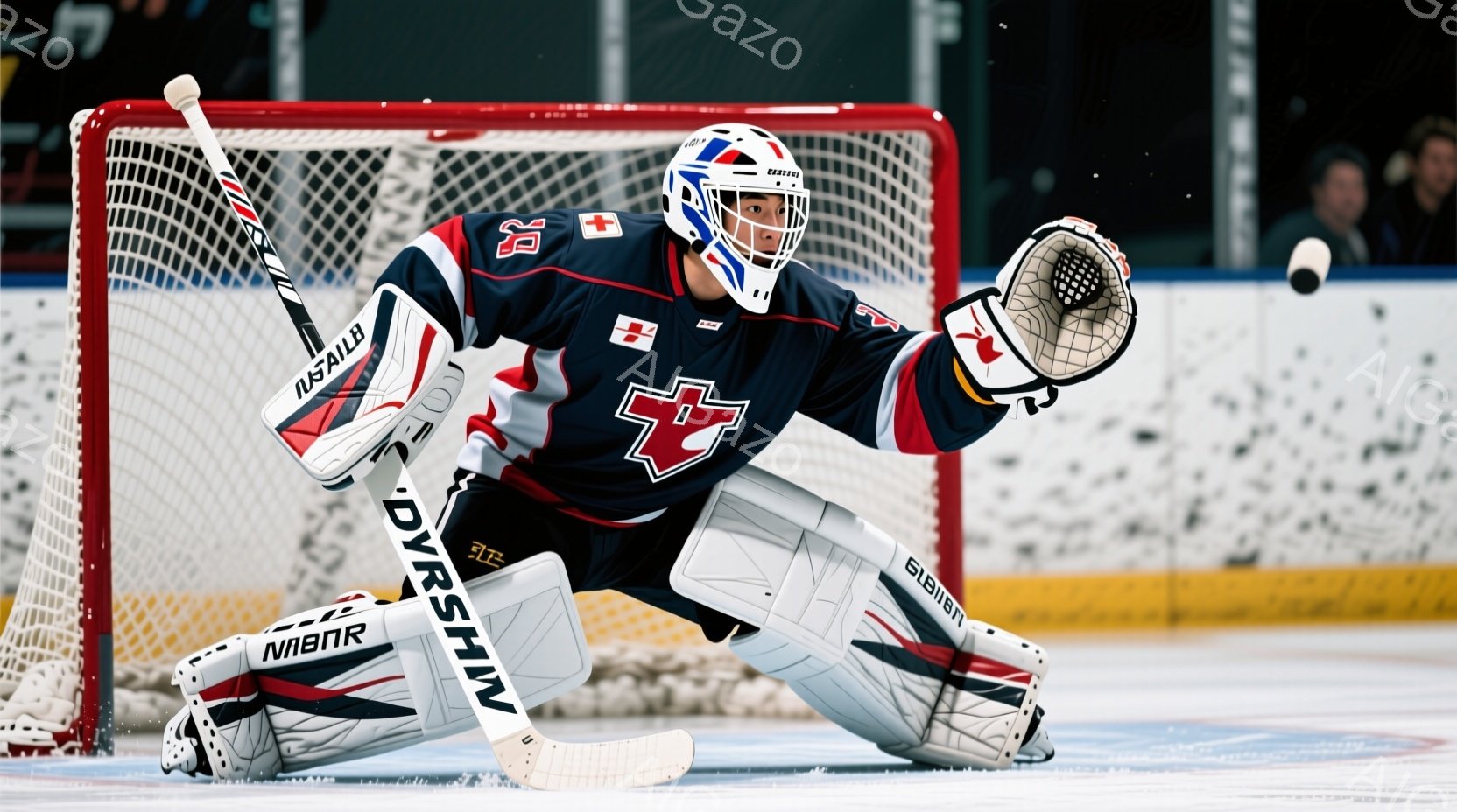 アイスホッケーのゴールキーパーが、激しいプレー中に体を広げてポーズをとっています。彼は黒、赤、白のストライプのユニフォームとヘルメットを着用し、膝と腿にはパッド、手にはグローブを付けています。背景にはホッケーリンクのネットと観客席が見え、競技場の興奮が伝わってきます。