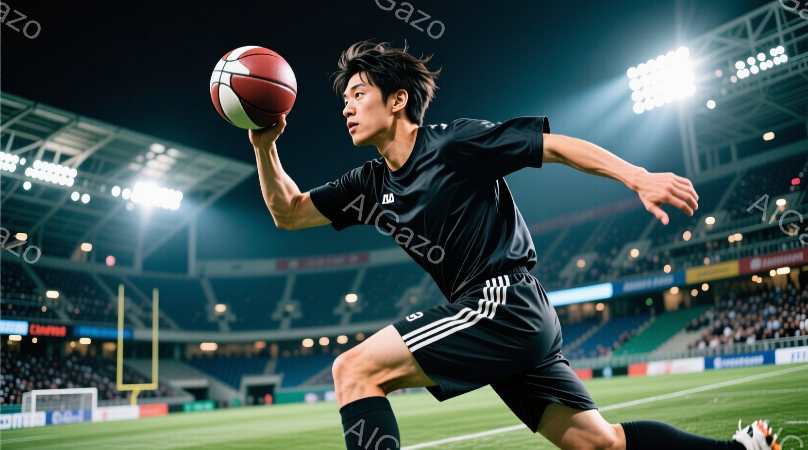 黒いユニフォームとショートパンツを着た若い男性が、サッカー場を走りながらバスケットボールを抱えています。彼の髪型は無造作で、顔には集中した表情が見られます。背景には観客席が広がり、夜間の照明が照らされ - AI生成フリー素材