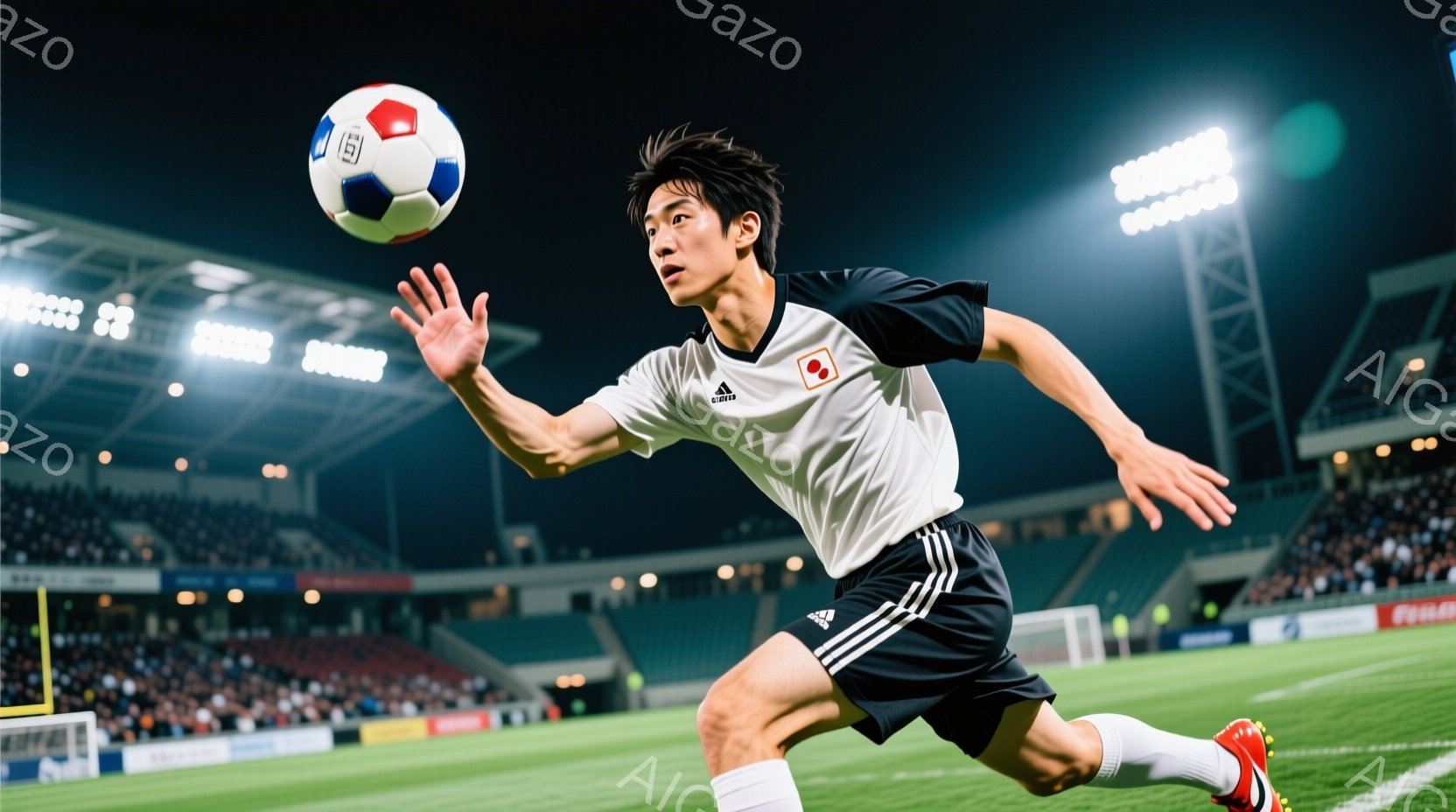 サッカー選手がピッチを疾走しており、頭上に向けてボールを蹴ろうとしている瞬間が捉えられています。白と黒のストライプのユニフォームに、短髪のヘアスタイルで、集中した表情をしています。背景には観客席が見え、夜間のスタジアムの照明が明るく照らし出されており、競技の熱気が感じられます。