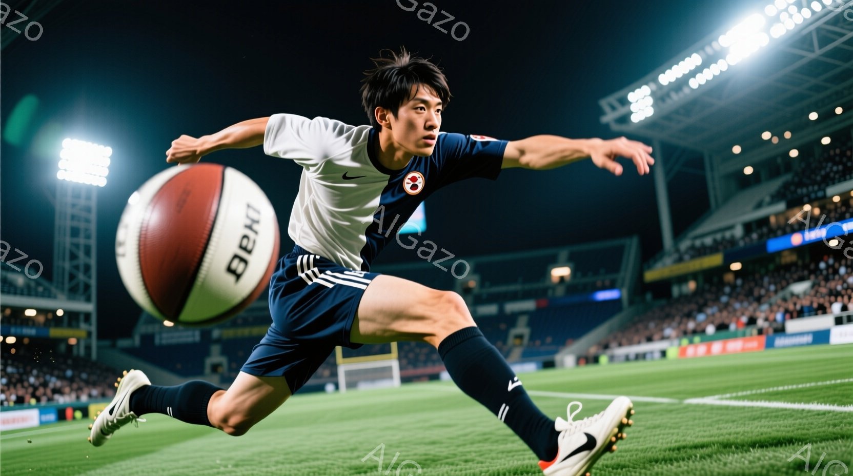 サッカー選手が緑の芝生の上でボールを蹴る瞬間を捉えた写真です。白のユニフォームに黒のショートパンツ、黒いソックスとスパイクを着用し、黒髪を短く刈り込んだ選手は、ボールに向かって体をひねり、力強く蹴り出 - AI生成フリー素材