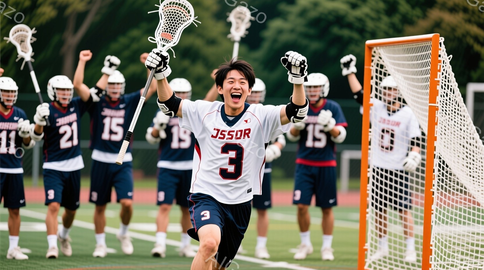ラクロスをする若い男性が、喜びの表情で両手を高く上げ、チームメイトに囲まれています。彼は白のジャージに赤い数字の3が描かれ、紺色のショーツを着用し、ヘルメットを被っています。背景には緑豊かな芝生と、ぼやけたチームメイトたちがおり、勝利または達成感に満ちた活気ある雰囲気が漂っています。