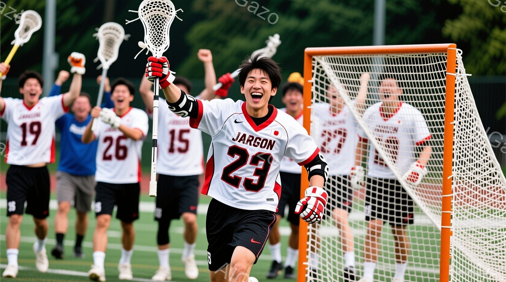 ラクロスをしている若い男性たちが写っており、特に赤いユニフォームと黒いショートパンツを着た23番の選手が両手を高く上げて歓喜しています。背景には、他の選手たちが喜び、緑豊かな芝生とネットのゴールが広がっており、晴れた日の屋外での試合の様子が伺えます。全体的に、勝利の瞬間を捉えた活気に満ちた躍動感のある写真です。