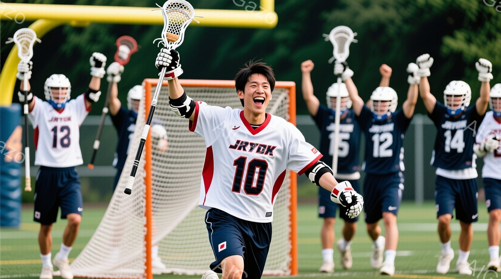 ラクロス選手が勝利の喜びを爆発させ、両手を高く上げて歓声を上げている様子が写っている。赤と白のユニフォームには「10」の数字と「JRYU」のロゴが描かれ、ヘルメットを被ったチームメイトたちが背景で同じ - AI生成フリー素材